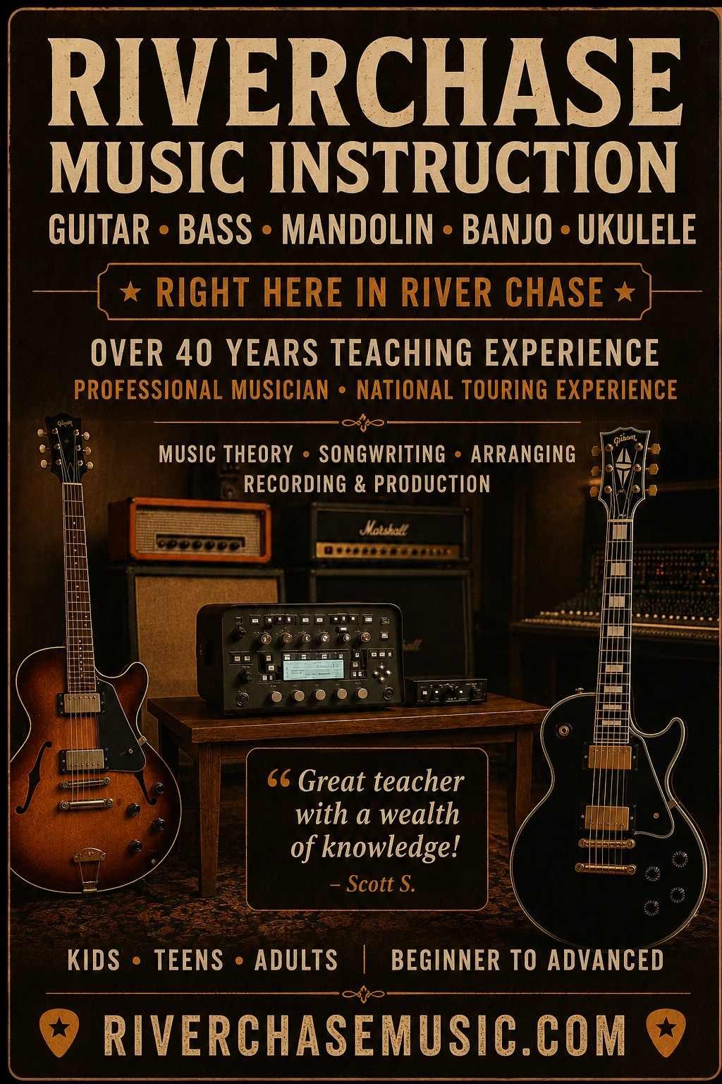 River Chase Music Instruction poster featuring guitars, amplifiers, and a Kemper Profiler